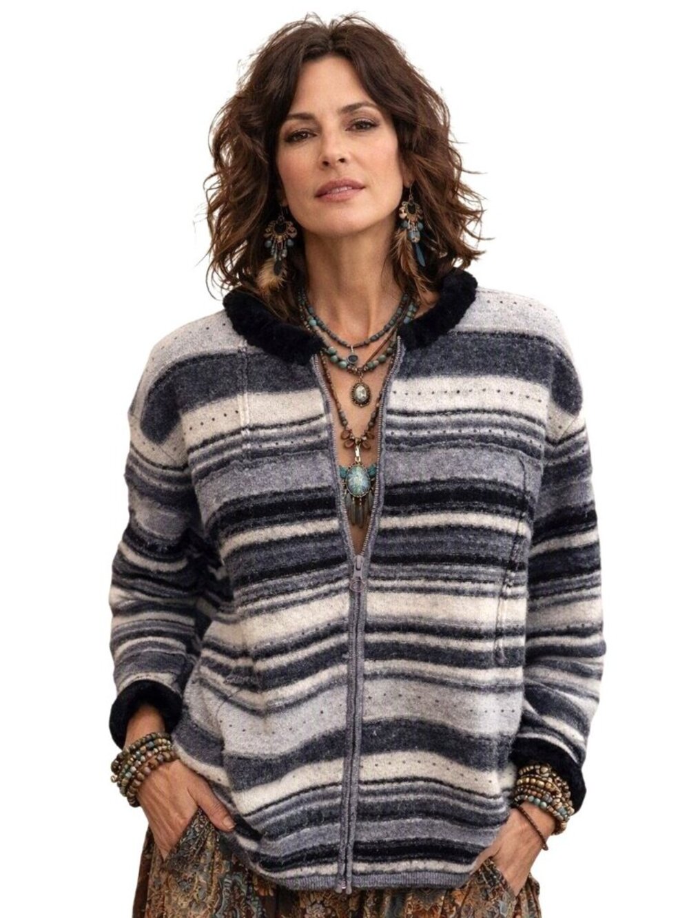 Vtg Susan Bristol Hand Embroidered Knit Wool Sweater Black/Grey XL Zip Cardigan